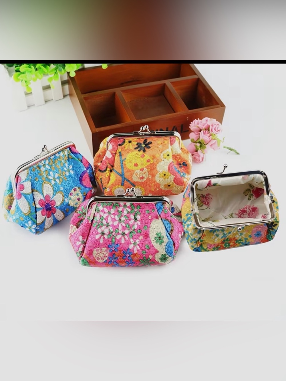 Colorful Floral Kiss-Lock Coin Purse - Pink, Blue, Yellow, Tangerine